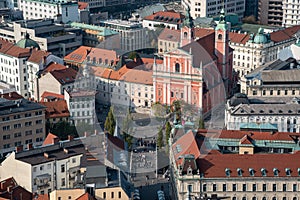 Aerial view of the church of the Annunciation and the Preseren square in Ljubljana, capital city of Slovenia