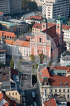 Aerial view of the church of the Annunciation and the Preseren square in Ljubljana, capital city of Slovenia