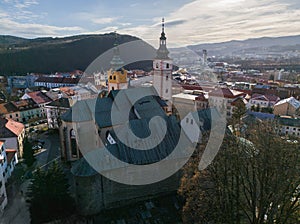 Aerial view of Church of the Assumption of the Blessed Virgin Mary in Banska Bystrica during winter