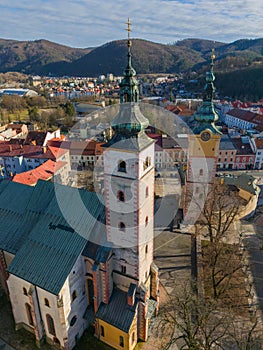 Aerial view of Church of the Assumption of the Blessed Virgin Mary in Banska Bystrica during winter