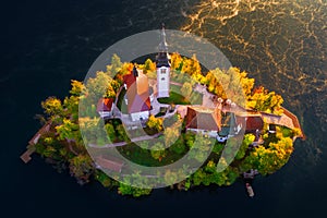 Aerial view of church of Assumption in Lake Bled, Slovenia