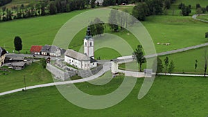 Aerial view of church with cemetery, Jezersko, Slovenia