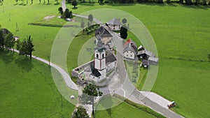 Aerial view of church with cemetery, Jezersko, Slovenia