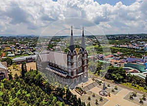 Aerial view of Church of the Holy Mother another name is Thanh Mau church in Bao Loc Town, Lam Dong, Vietnam