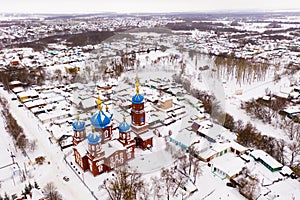 Aerial view of Church of the Intercession in winter in the city Petrovsk.