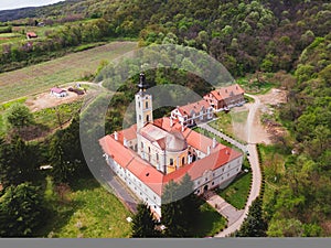 Aerial view of  church and monastery Grgeteg, Serbia