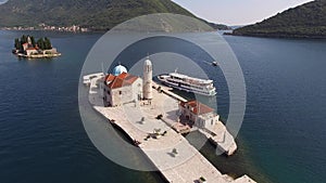 Aerial view of the church of Our Lady of the Rocks. Montenegro