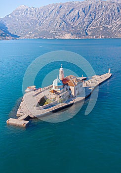 Aerial View of the Church of Our lady of the Rocks in Perast Kotor Bay Montenegro