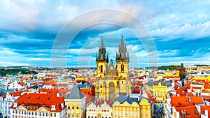 Aerial view of Church of Our Lady before Tyn at Old Town Square, Prague, Czech Republic