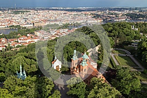 Aerial view of a church at the Petrin Hill in Prague
