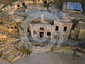 Aerial view of the church of Piedigrotta and the beach. Pizzo Calabro, Calabria. Italy