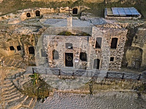 Aerial view of the church of Piedigrotta and the beach. Pizzo Calabro, Calabria. Italy