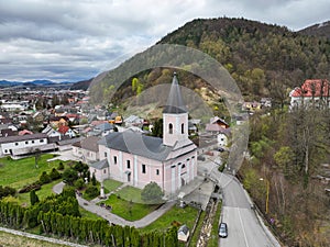 Aerial view of the church in Povazska Bystrica in Slovakia