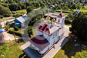 Aerial view of the Church of the Resurrection of the 17th century in the village of Trubino, Kaluzhskiy region, Russia