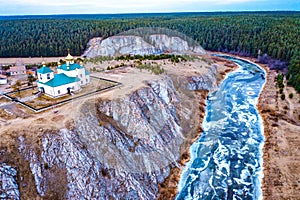 Aerial view on Church on the Rock in Aramashevo, over the river rezh, Ural. Russia