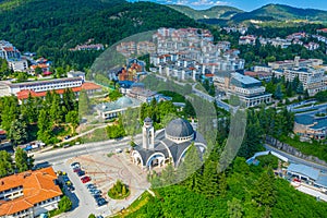 Aerial view of Church of Saint Vissarion Smolenski and planetarium in Smolyan, Bulgaria