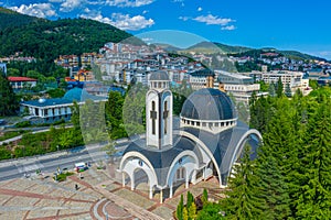 Aerial view of Church of Saint Vissarion Smolenski and planetarium in Smolyan, Bulgaria