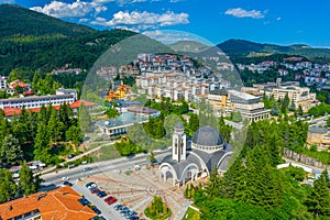 Aerial view of Church of Saint Vissarion Smolenski and planetarium in Smolyan, Bulgaria