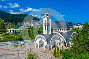 Aerial view of Church of Saint Vissarion Smolenski and planetarium in Smolyan, Bulgaria