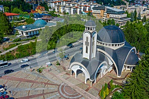 Aerial view of Church of Saint Vissarion Smolenski and planetarium in Smolyan, Bulgaria