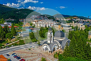 Aerial view of Church of Saint Vissarion Smolenski and planetarium in Smolyan, Bulgaria