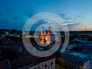 Aerial view of the Church of Saints James and Philip at night. Vilnius, Lithuania