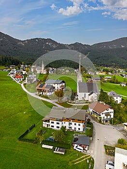 Aerial view of Church in scenic Gosau village in Austria