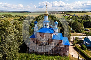 Aerial view of the Church of the Sign of the late 17th century in the village of Trubino, Kaluzhskiy region, Russia