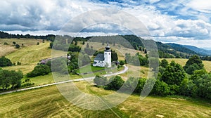 Aerial view of the church, the Slovak geographical center of Europe in the locality of Kremnicke Bane in Slovakia photo