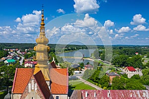 Aerial view of church in small village Cegielnia, Poland