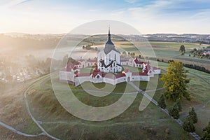 Aerial view of the church St. John of Nepomuk. Zdar nad Sazavou. The Pilgrim Church of Zelena hora. UNESCO World Heritage Site