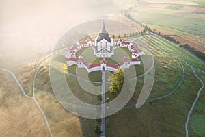 Aerial view of the church St. John of Nepomuk. Zdar nad Sazavou. The Pilgrim Church of Zelena hora. UNESCO World Heritage Site