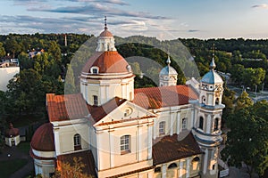 Aerial view of the Church of St. Peter and St. Paul, located in Antakalnis district in Vilnius. Beautiful summer day in the