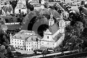 Aerial view of the Church of St.Stanislaus Bishop in Krakow, Poland. Black and white photo.