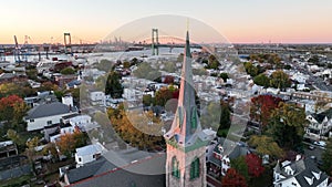 Aerial View of Church Steeple in Riverfront Community