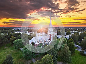 Aerial view of the church at sunset in Joensuu, Finland
