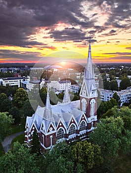 Aerial view of the church at sunset in Joensuu, Finland photo