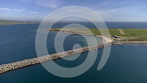 An aerial view of the Churchill Barriers in Orkney, Scotland