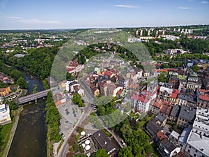 Aerial view of Cieszyn in Poland with bridge over river Olse. Border with Czech republic and Czech Tesin. The Hunting photo