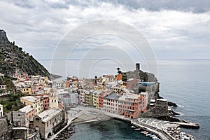 Aerial view of Cinque Terre National Park Italy coastline hills village vineyards sea