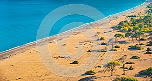 Aerial view of Cirali Beach from ancient Olympos ruins, Antalya Turkey