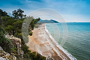 Aerial view of Cirali Beach from Ancient Olympos ruins, Antalya Turkey. Summer and holiday concept