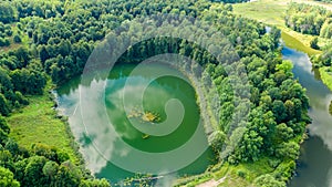 Aerial view of a circular lake