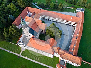 Aerial view of Cistercian monastery Kostanjevica na Krki, homely appointed as Castle Kostanjevica, Slovenia, Europe