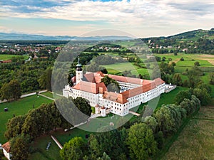 Aerial view of Cistercian monastery Kostanjevica na Krki, homely appointed as Castle Kostanjevica, Slovenia, Europe