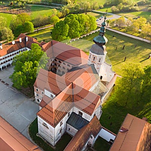 Aerial view of Cistercian monastery Kostanjevica na Krki, homely appointed as Castle Kostanjevica, Slovenia, Europe