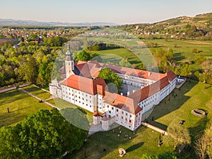 Aerial view of Cistercian monastery Kostanjevica na Krki, homely appointed as Castle Kostanjevica, Slovenia, Europe