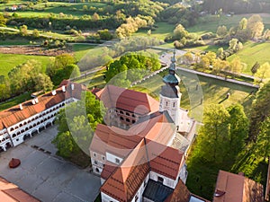 Aerial view of Cistercian monastery Kostanjevica na Krki, homely appointed as Castle Kostanjevica, Slovenia, Europe