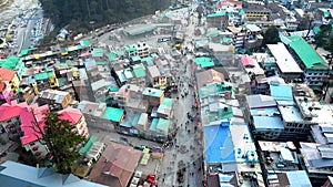 Aerial view Citi of Manali Mall Road and Sonmarg Mountain Greenery Landscape Himachal Pradesh, India