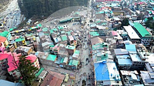 Aerial view Citi of Manali Mall Road and Sonmarg Mountain Greenery Landscape Himachal Pradesh, India